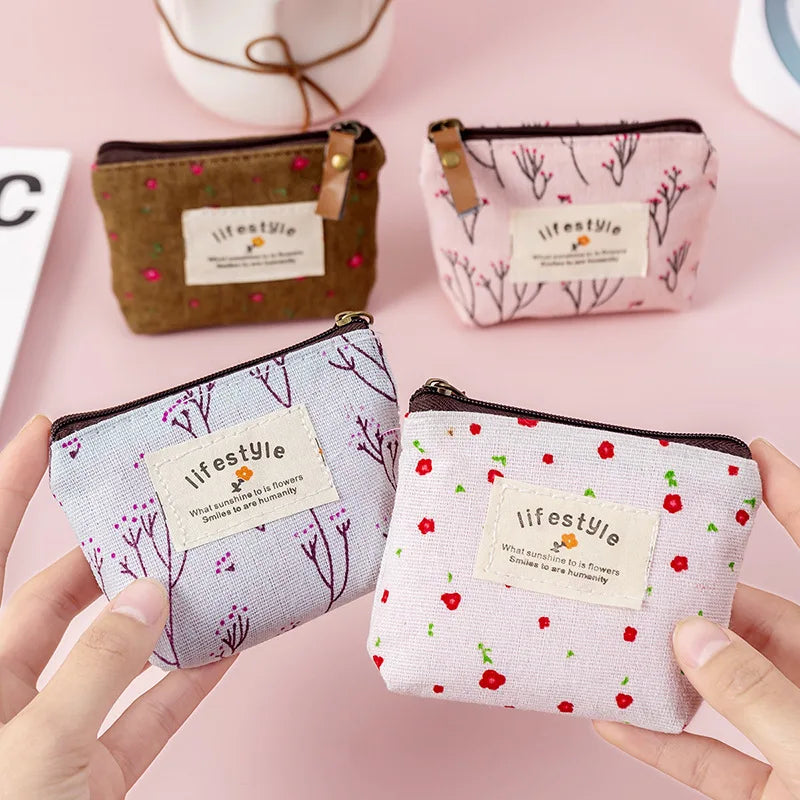 Fashion Flower Pattern Coin Purses Small Fresh Canvas Coin Wallet Lady Girls Earphone Coin Key Money Storage Bag Zipper Pouch