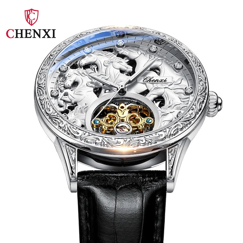 Horse New Men's Leather High Grade Fully Automatic Hollow Luminous Waterproof Flywheel Mechanical Watch