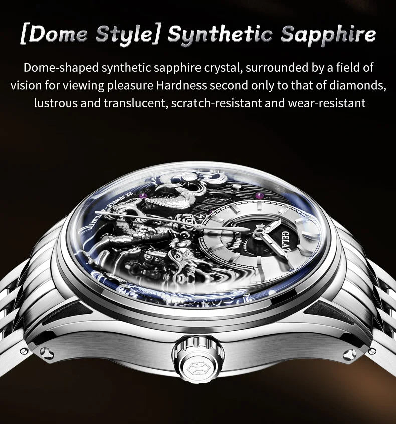 Dragon Engraved Dial Automatic Mechanical Watch for Men Steel Waterproof Mens Watches Top