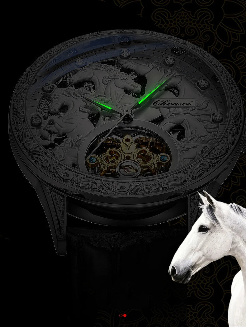 bucket Men's Mechanical Watch Black Leather Fully Automatic Hollow Horse Luminous Waterproof Flywheel Male Wrist Watches