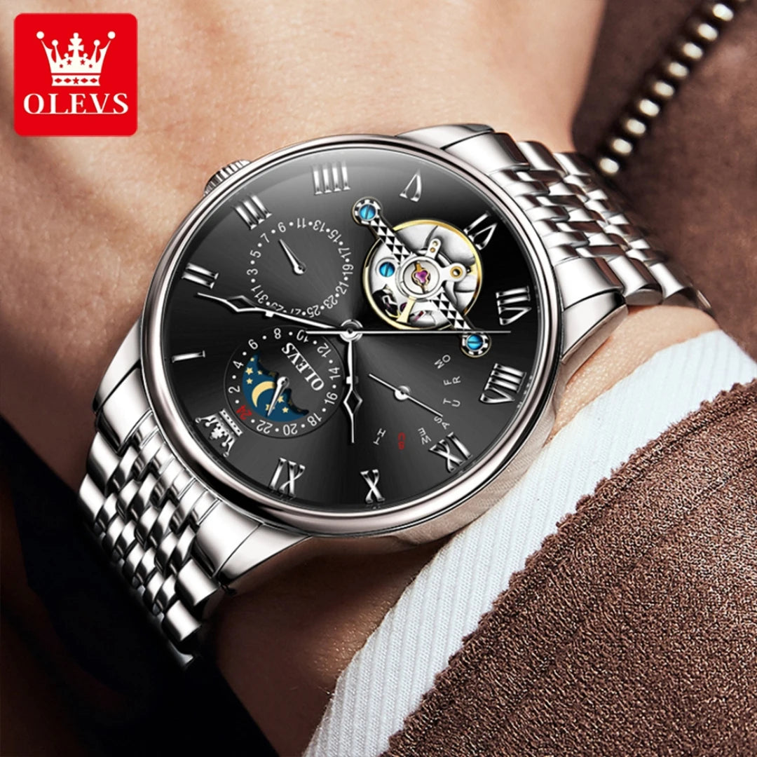 RIYADH Business Mechanical Watch Gift Round-dial Genuine Leather Watchband Week Display Calendar