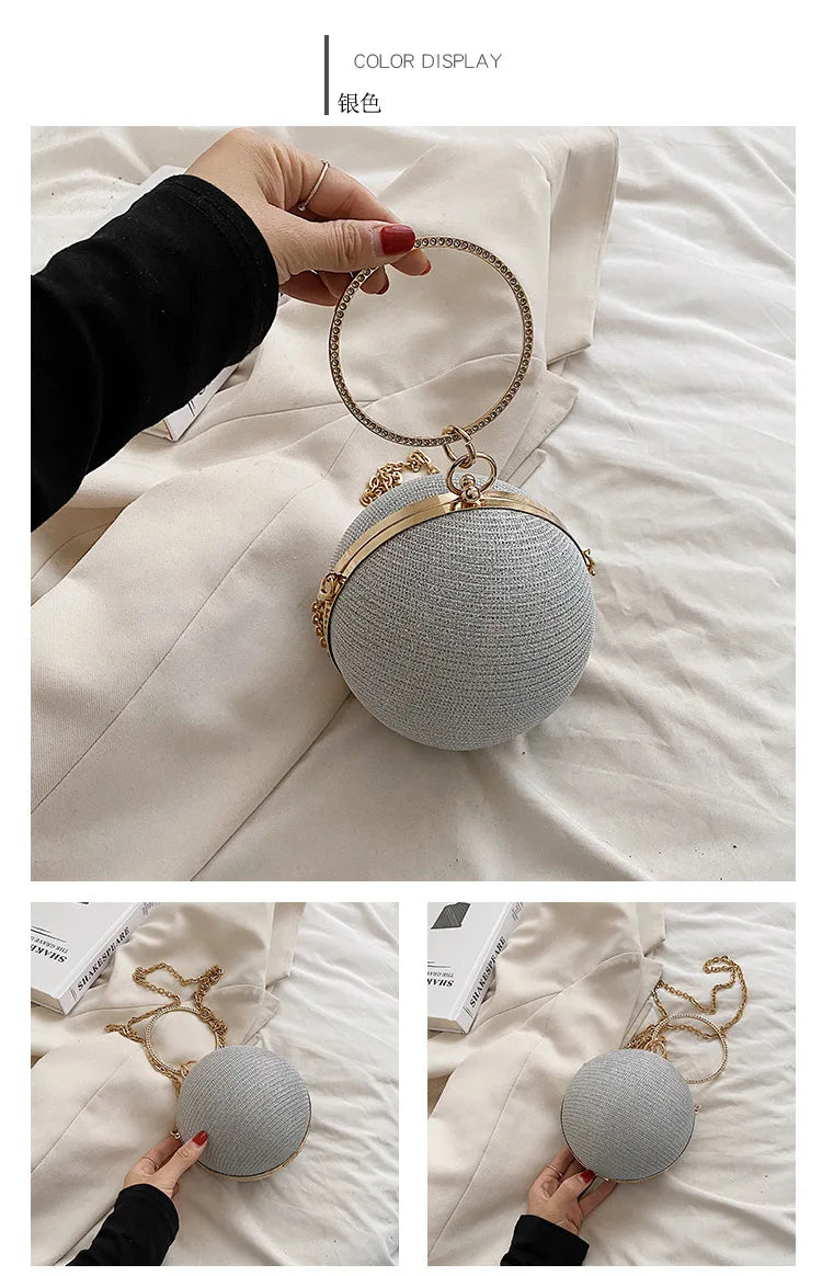 Circular Ring Portable Evening Bags Metal Sliver Round Ball Handbags