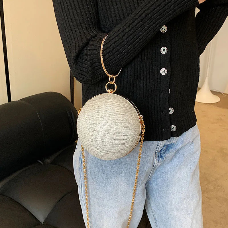 Circular Ring Portable Evening Bags Metal Sliver Round Ball Handbags