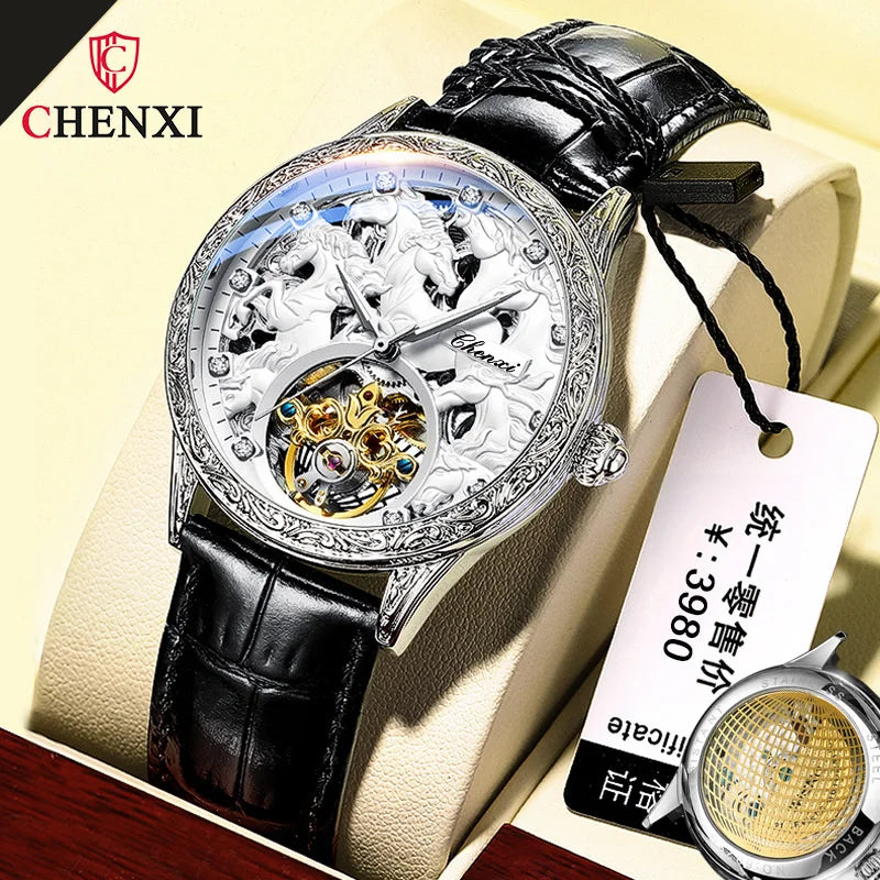 Horse New Men's Leather High Grade Fully Automatic Hollow Luminous Waterproof Flywheel Mechanical Watch