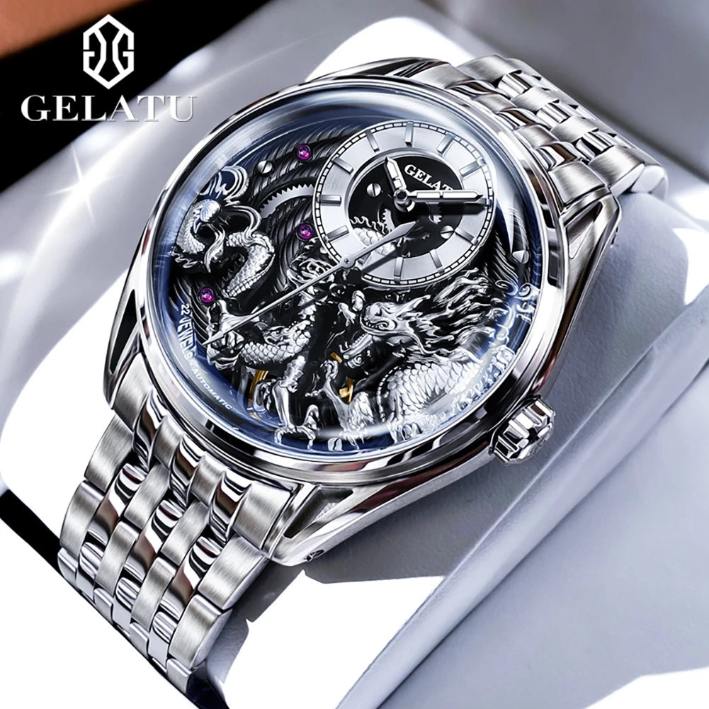 Dragon Engraved Dial Automatic Mechanical Watch for Men Steel Waterproof Mens Watches Top