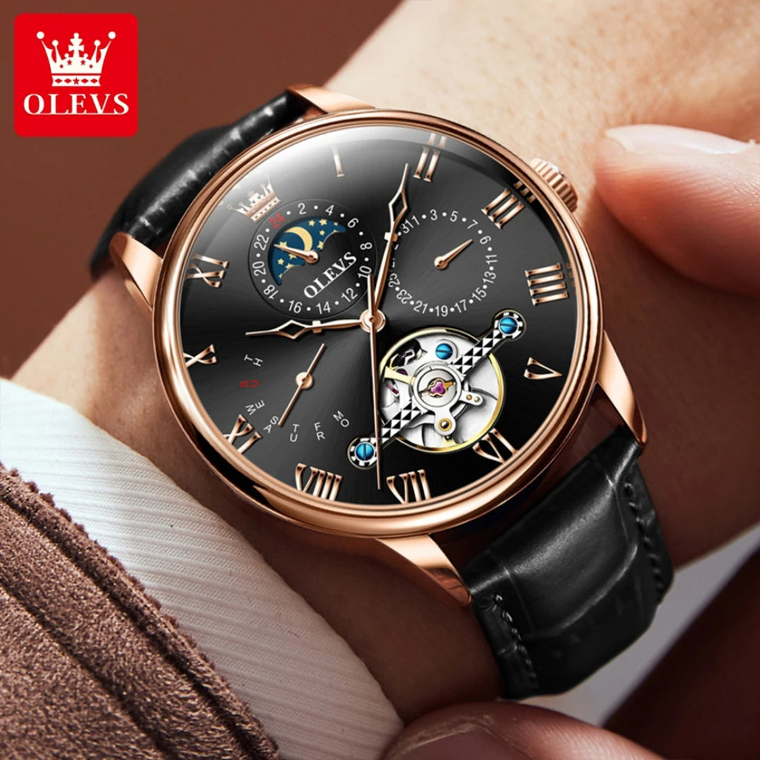 RIYADH Business Mechanical Watch Gift Round-dial Genuine Leather Watchband Week Display Calendar