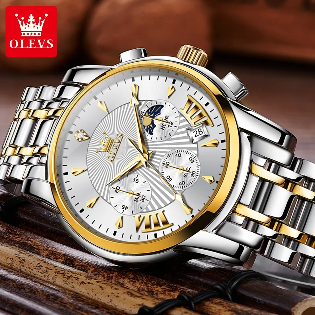 HAMAD Luxury Brand Quartz Watch for Men Waterpoof Chronograph Men's Wristwatch Auto Date Dual Calendar Moon Phase Man Watch New