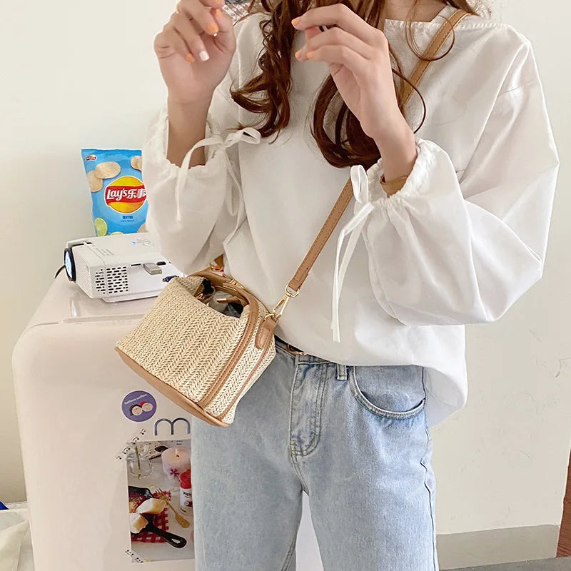 Woven Bucket Bag Summer Small Straw Handbags Large Capacity