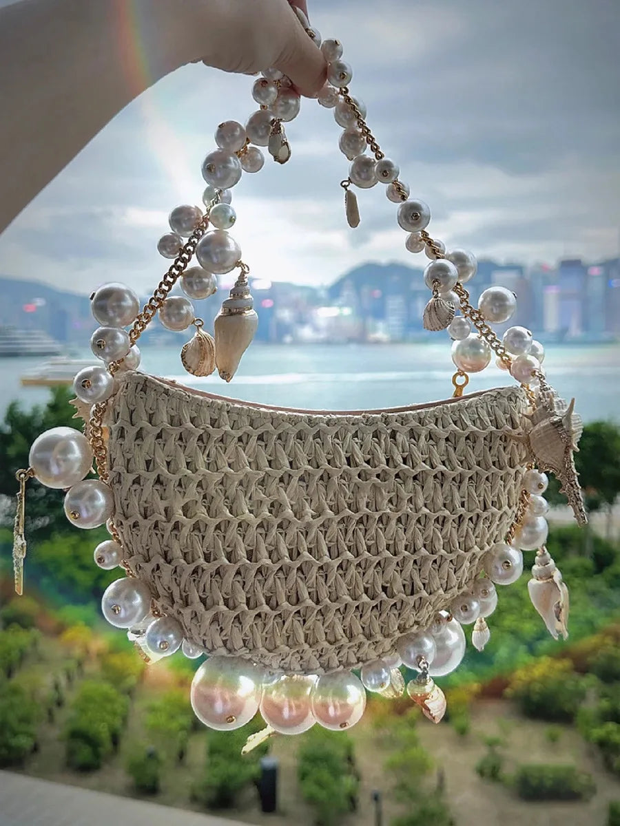 Pearl Conch Grass Woven Bag Handheld Beach Vacation Women's Bag