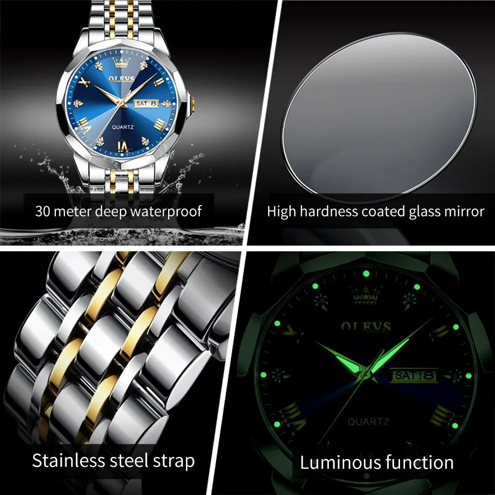 Manchester Men's Watches Rhombus Mirror Original Quartz Watch for Man Waterproof Luminous Stainless Steel Wristwatch Male Date Week