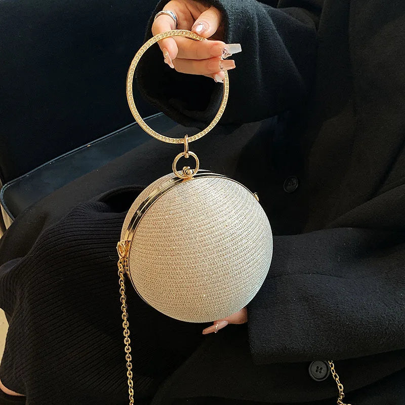 Circular Ring Portable Evening Bags Metal Sliver Round Ball Handbags