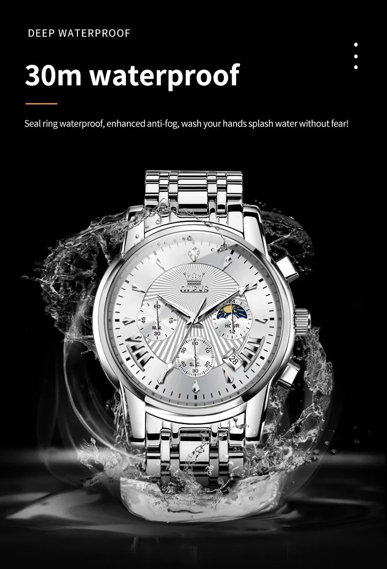 HAMAD Luxury Brand Quartz Watch for Men Waterpoof Chronograph Men's Wristwatch Auto Date Dual Calendar Moon Phase Man Watch New