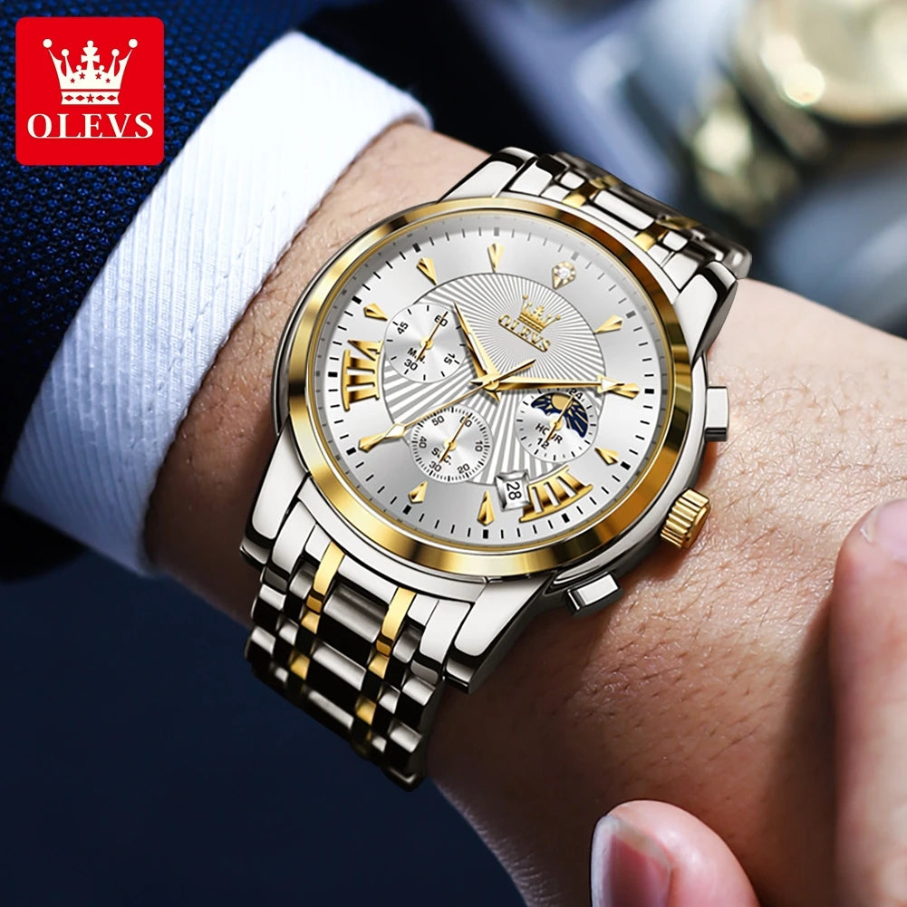 HAMAD Luxury Brand Quartz Watch for Men Waterpoof Chronograph Men's Wristwatch Auto Date Dual Calendar Moon Phase Man Watch New