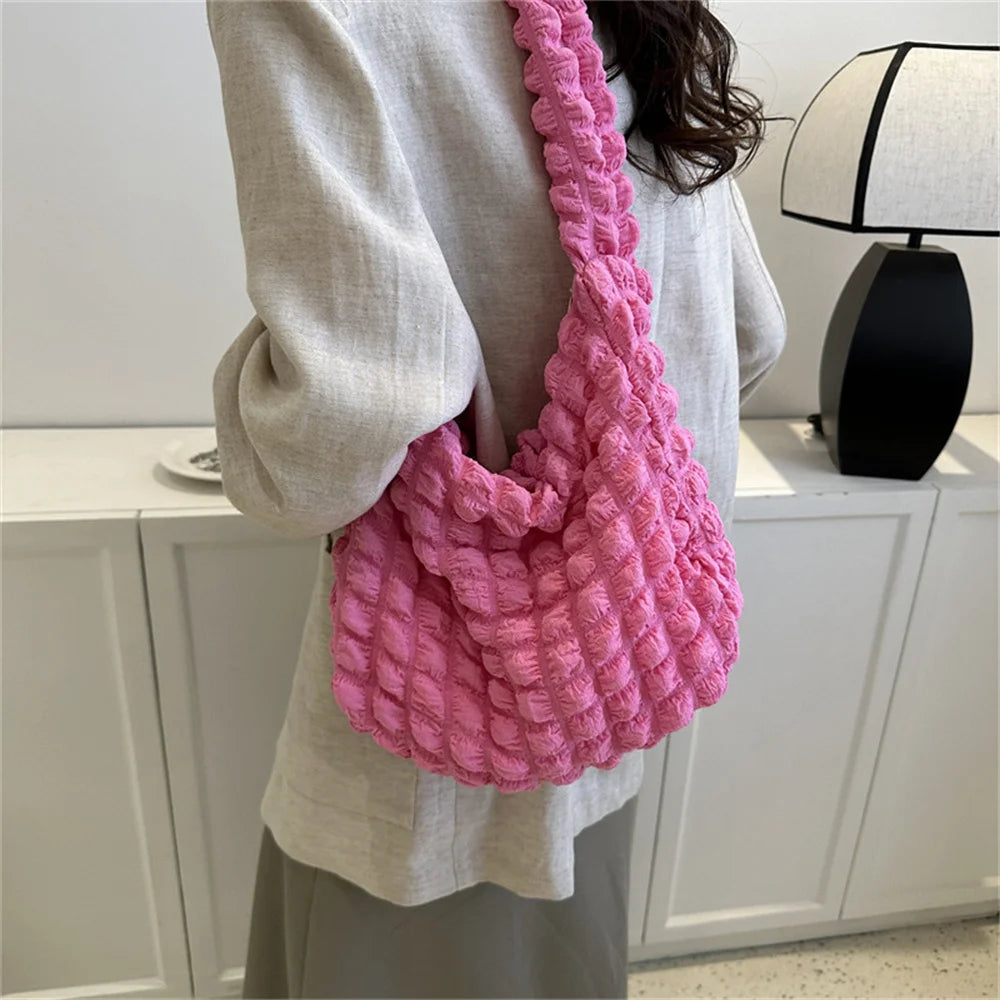 Crossbody Bag With Pleated Design Embroidered Plaid Shoulder Bag