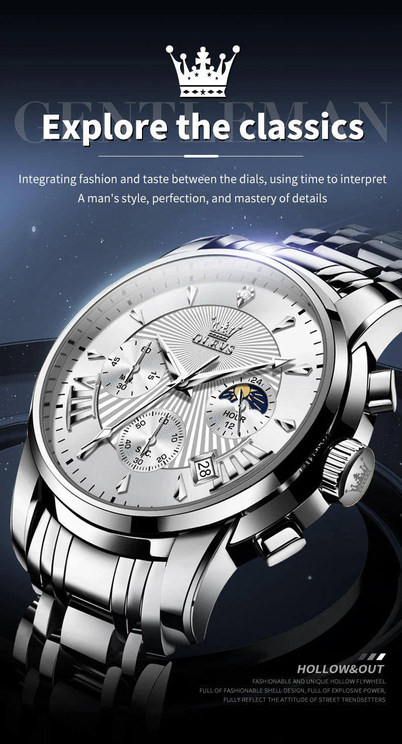 HAMAD Luxury Brand Quartz Watch for Men Waterpoof Chronograph Men's Wristwatch Auto Date Dual Calendar Moon Phase Man Watch New