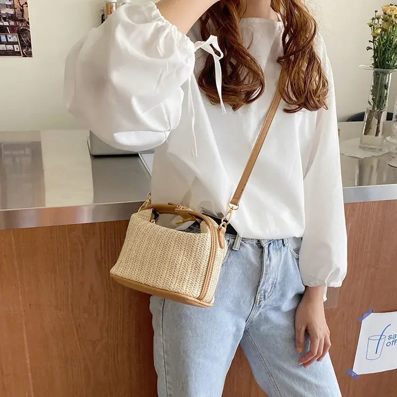 Woven Bucket Bag Summer Small Straw Handbags Large Capacity