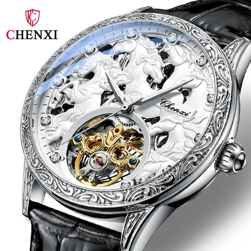 Horse New Men's Leather High Grade Fully Automatic Hollow Luminous Waterproof Flywheel Mechanical Watch