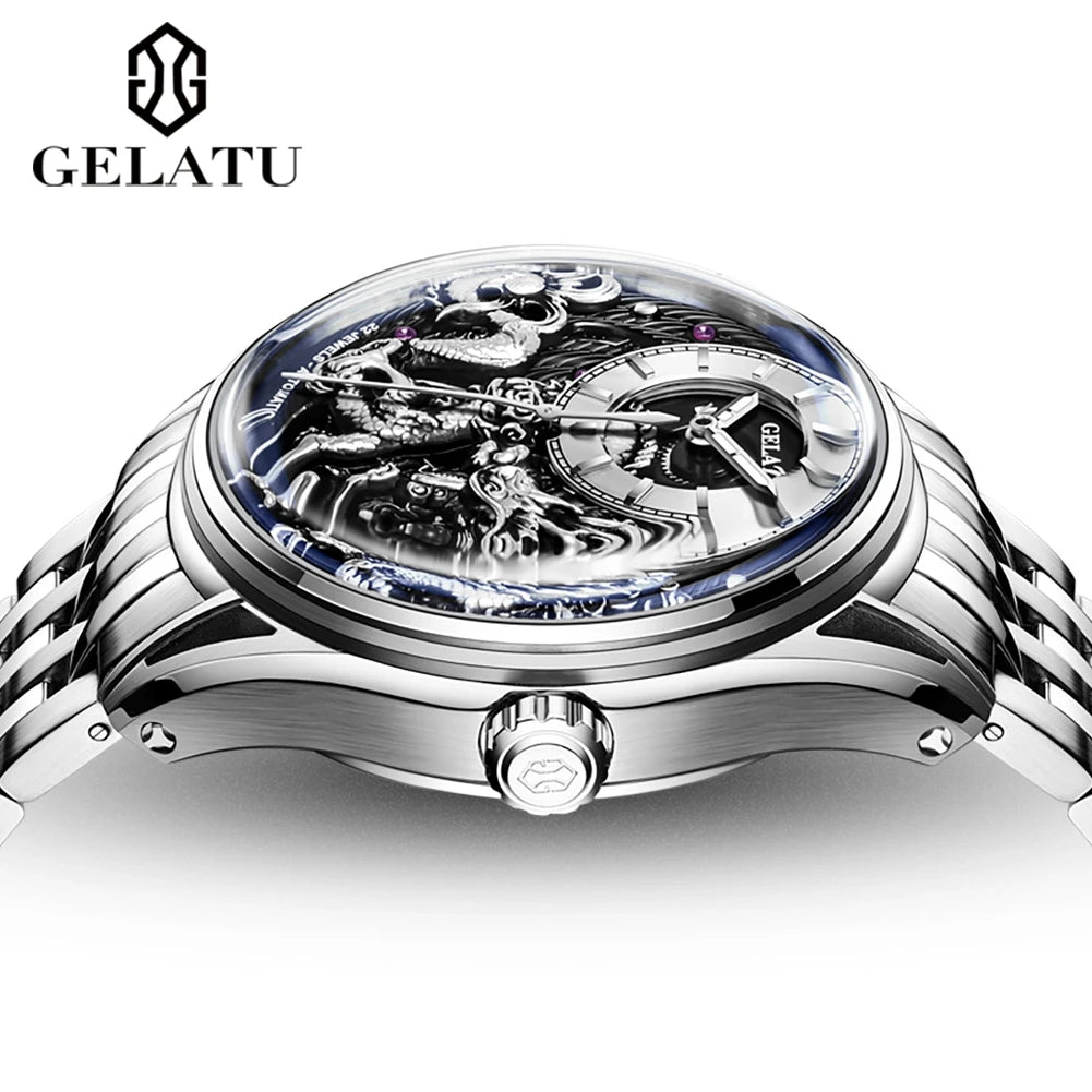 Dragon Engraved Dial Automatic Mechanical Watch for Men Steel Waterproof Mens Watches Top