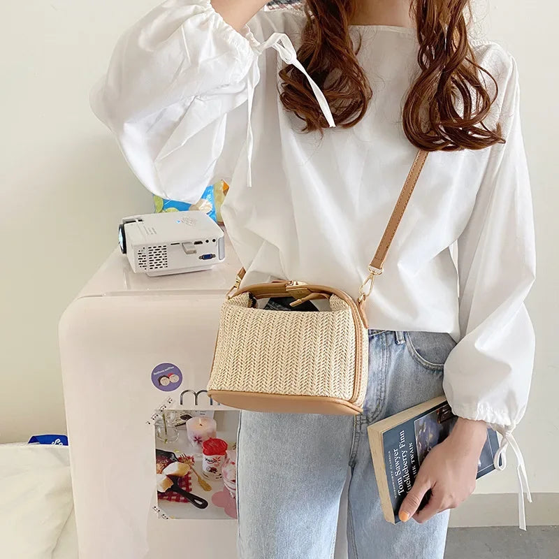 Woven Bucket Bag Summer Small Straw Handbags Large Capacity