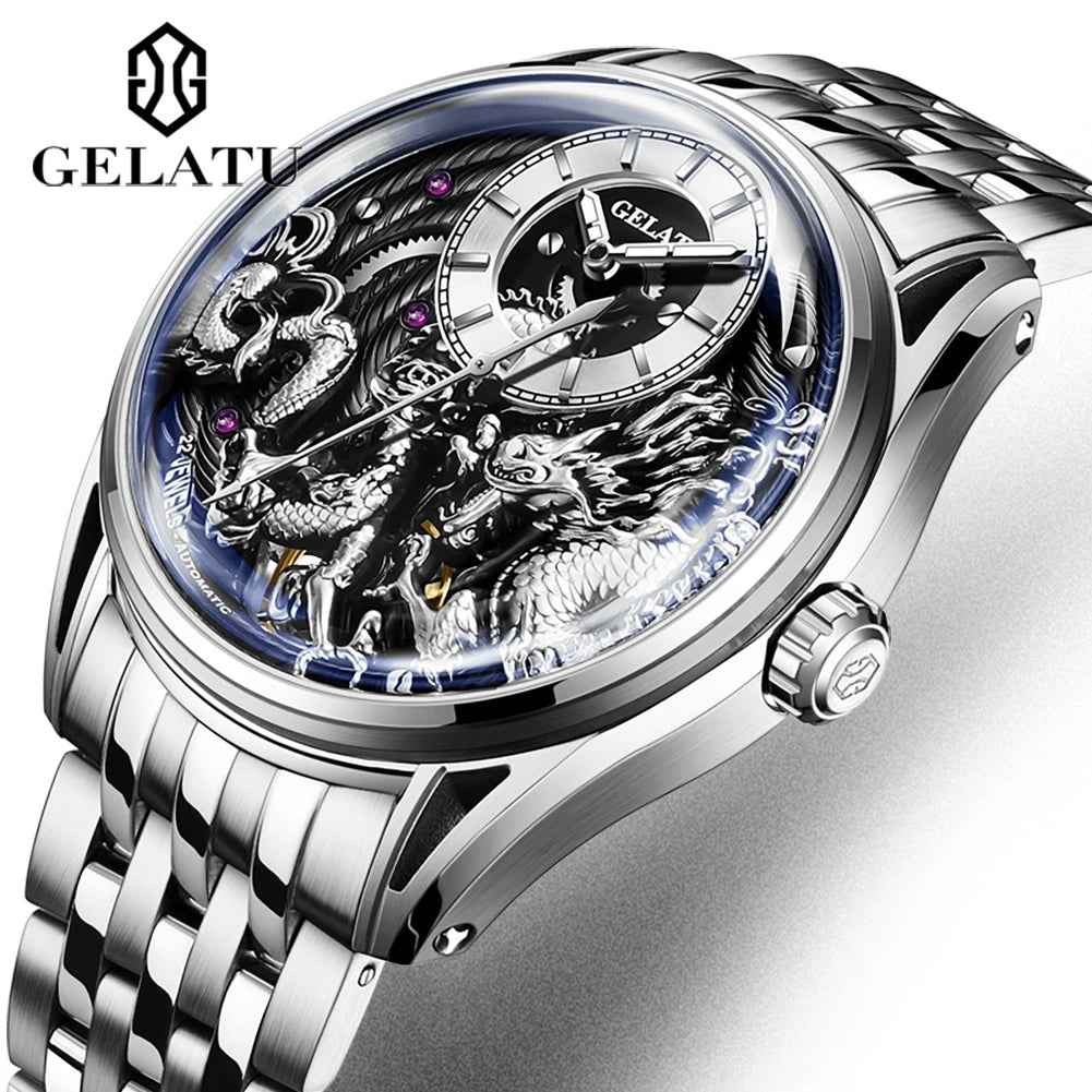 Dragon Engraved Dial Automatic Mechanical Watch for Men Steel Waterproof Mens Watches Top