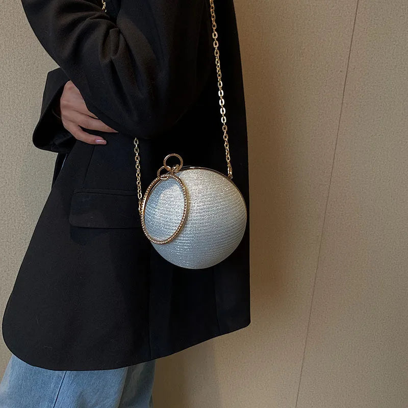 Circular Ring Portable Evening Bags Metal Sliver Round Ball Handbags