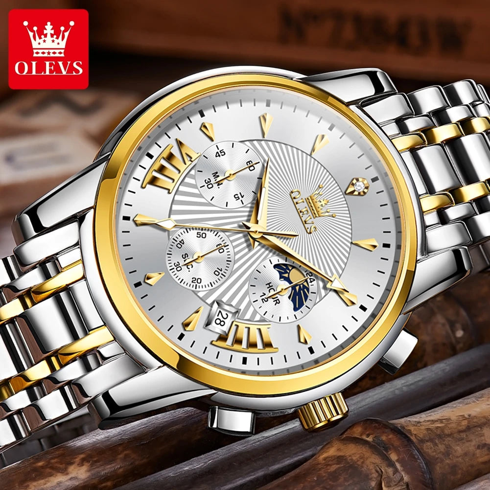 HAMAD Luxury Brand Quartz Watch for Men Waterpoof Chronograph Men's Wristwatch Auto Date Dual Calendar Moon Phase Man Watch New