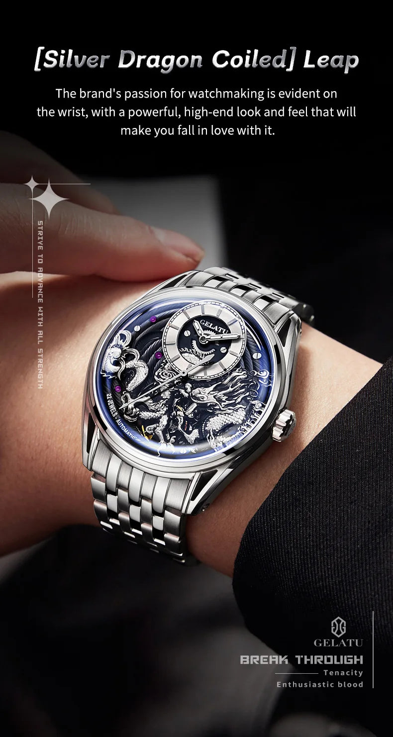 Dragon Engraved Dial Automatic Mechanical Watch for Men Steel Waterproof Mens Watches Top