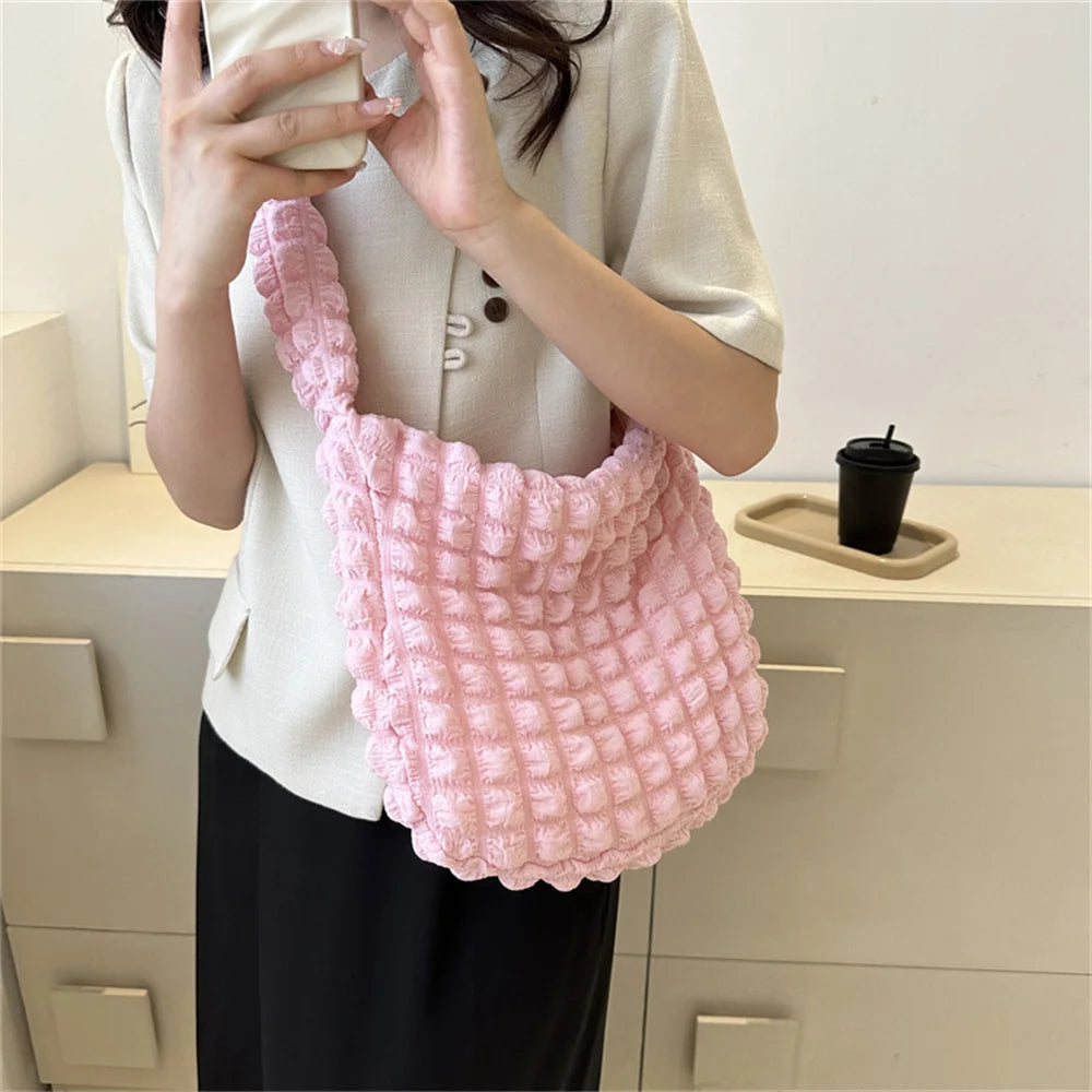 Crossbody Bag With Pleated Design Embroidered Plaid Shoulder Bag